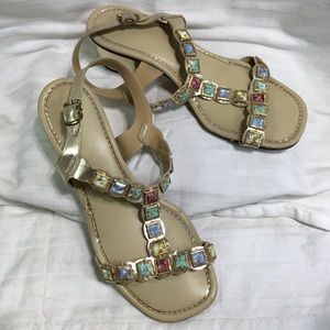 Stubby woman’s heels, multi- stone strap enhancements, size 5.5M, 1.5” heel